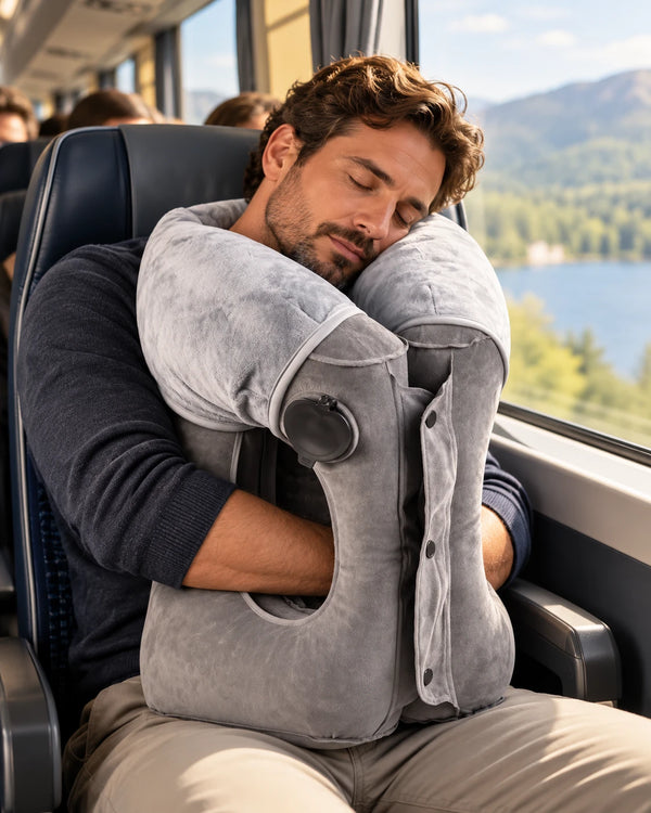 Man sleeping on a bus with AeroNestly Pro on his lap